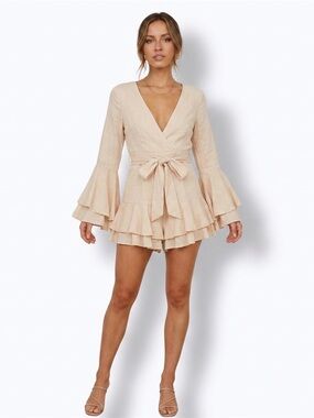 Fashion Nova, Beige Tiered Ruffle Wrap Romper - L